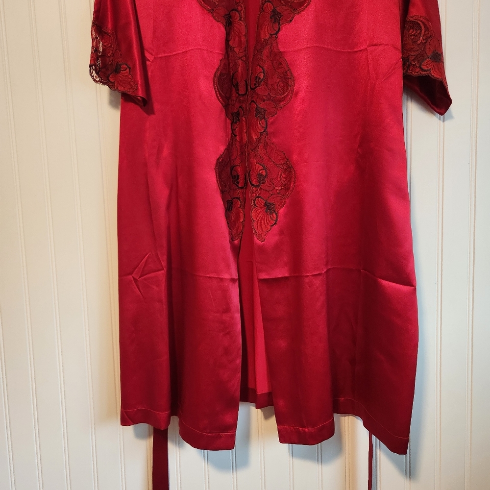 VINTAGE RIA Red 100% Silk Lace Night Robe Cover Up One Size - Picture 3 of 5